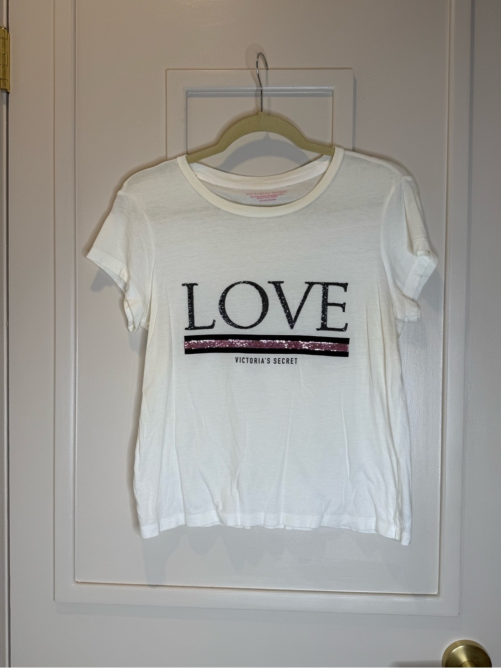 Victoria's Secret White LOVE Tee with Pink Glitter Stripe